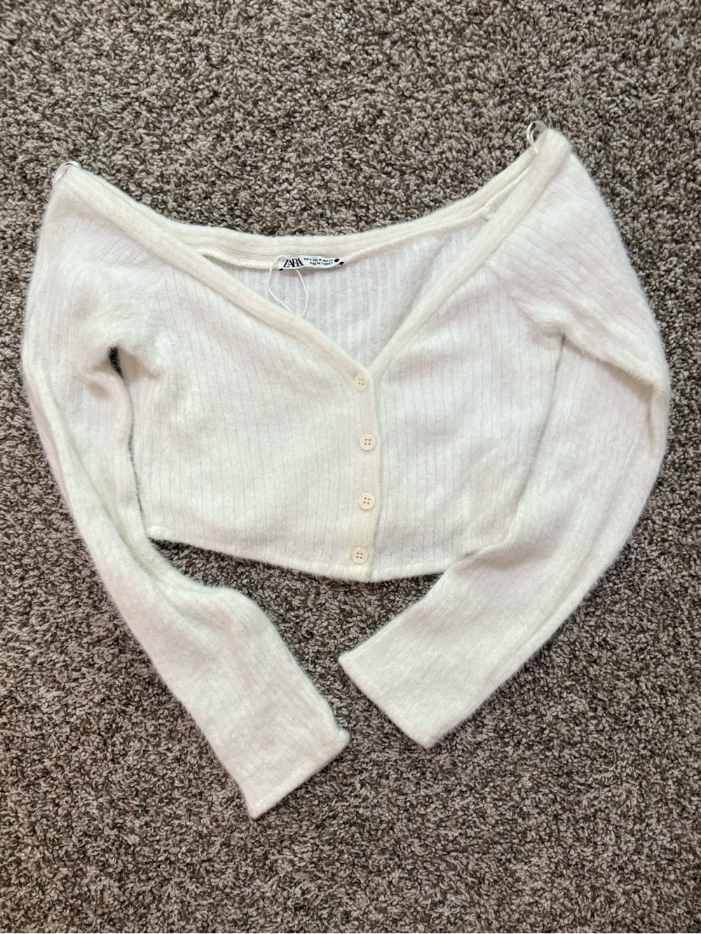 Zara Off-White Ribbed Cropped Button Cardigan